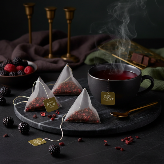Premium blackberry raspberry hibiscus tea bags on dark marble with gold accents